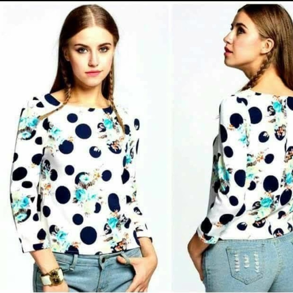 Chic White Blouse with Navy Polka Dots and Floral Design